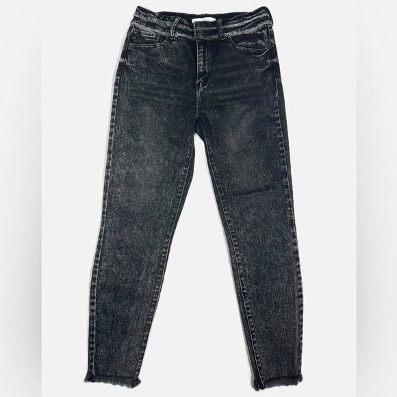 KanCan Black Acid Wash High Waist 5 Pocket Raw Hem Double Button Jeans Women 9 - Picture 7 of 10